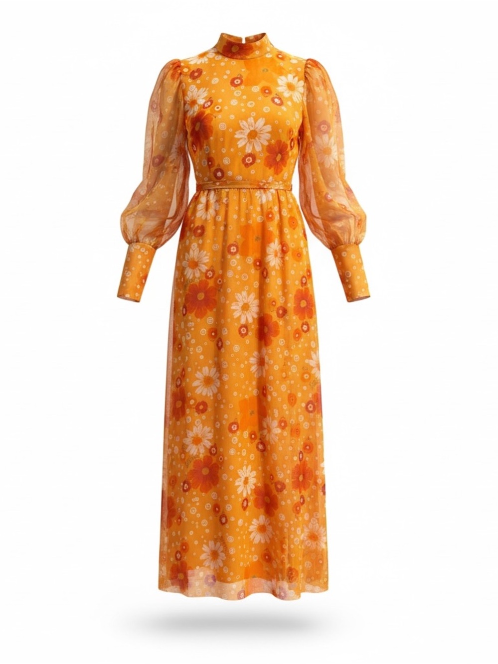 Vintage 70s Boho Maxi Dress Orange Floral Daisy Print Long Sleeve Cottagecore